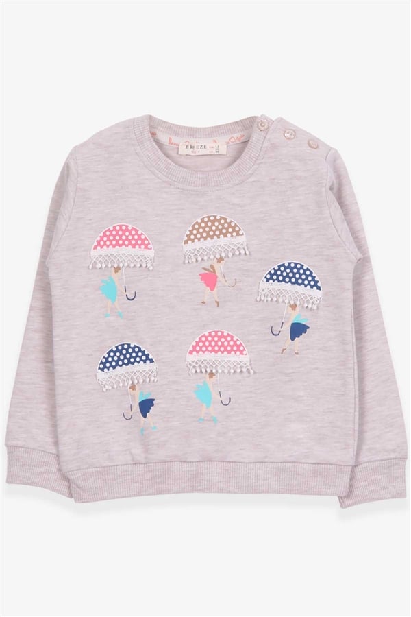 Girls' Sweatshirt with Girl Holding Umbrella Print, Beige Melange (1.5-5 Years)
