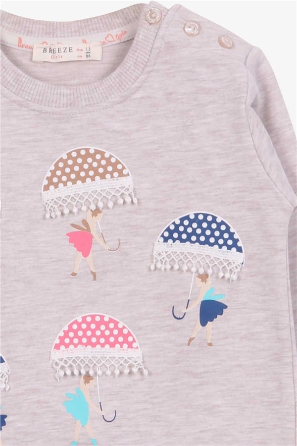 Girls' Sweatshirt with Girl Holding Umbrella Print, Beige Melange (1.5-5 Years)