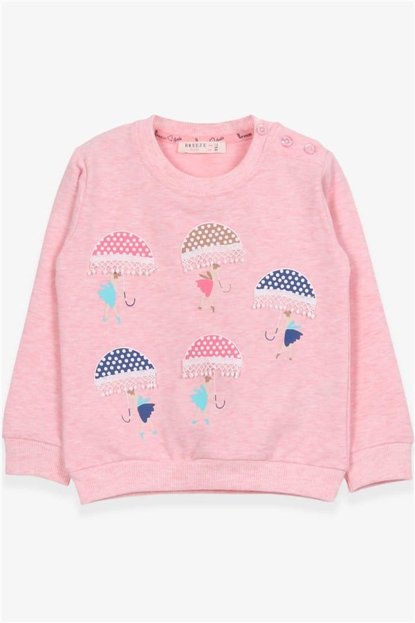 Girls' Sweatshirt with Girl Holding Umbrella Print, Salmon Melange (1.5-4 Years)