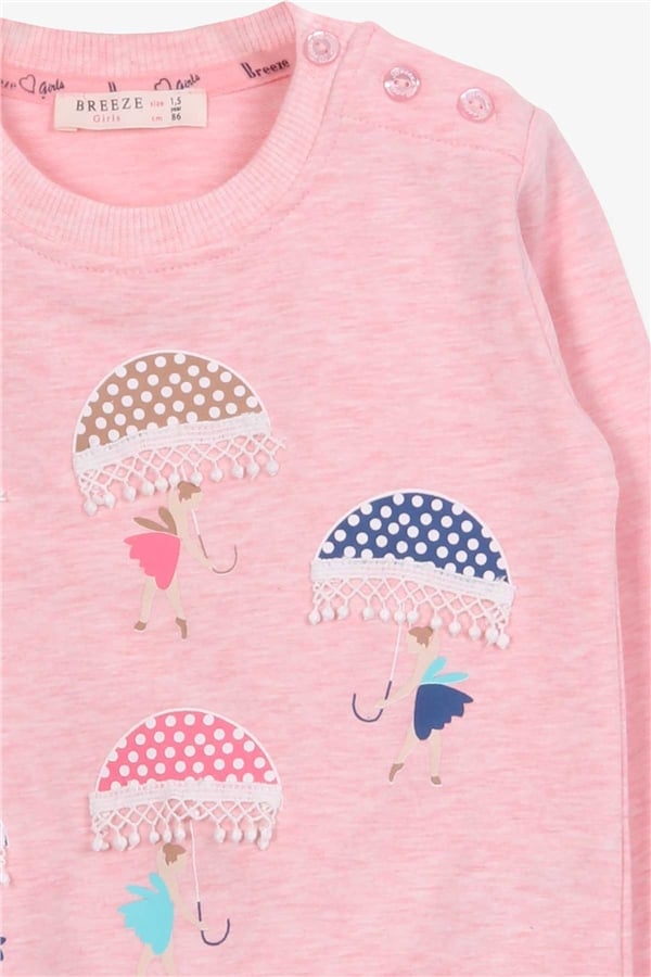 Girls' Sweatshirt with Girl Holding Umbrella Print, Salmon Melange (1.5-4 Years)
