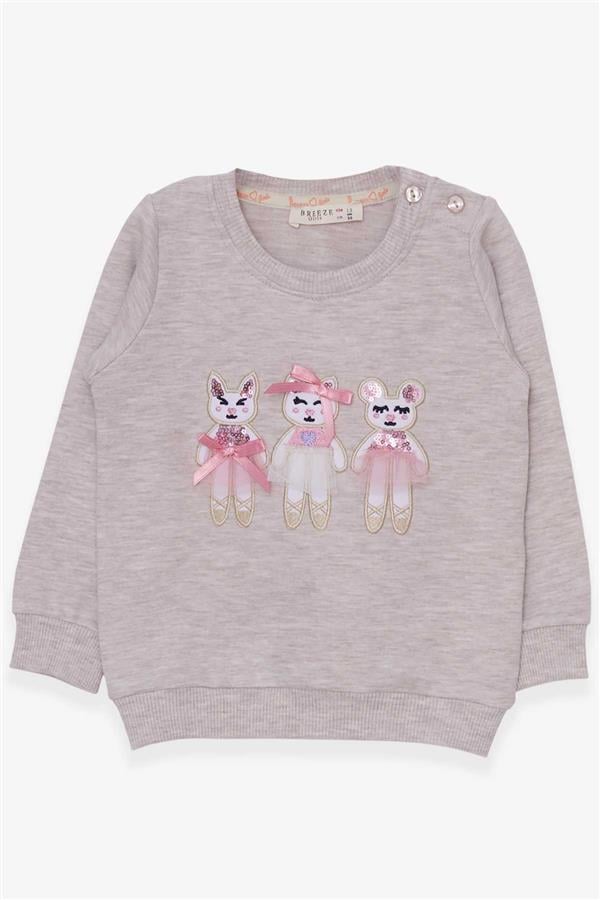 Baby Girl Sweatshirt with Cute Animal Print, Beige Melange (1.5-2 Years)