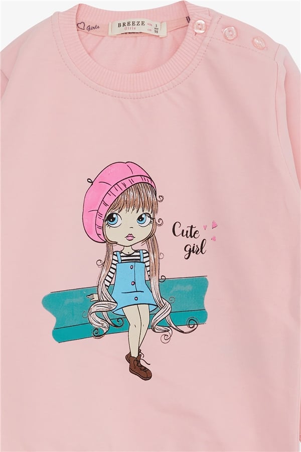 Baby Girl Sweatshirt with Cute Girl Print, Powder Pink (1.5-2 Years)