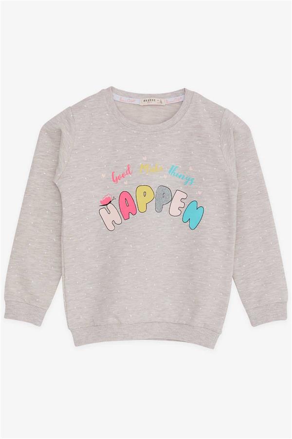 Girls' Sweatshirt with Printed Text, Beige Melange (3-4 Years)