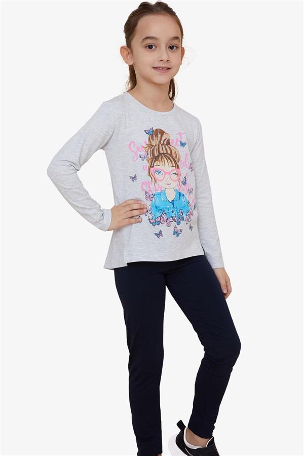 Girls' Sweet Set with Butterfly Print, Light Grey Melange (Ages 5-10)