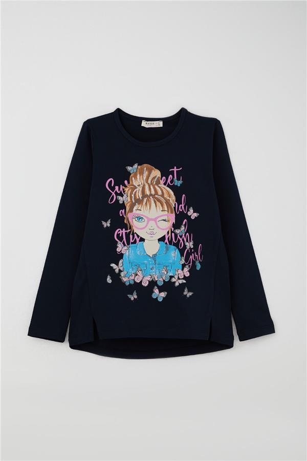 Girls' Sweet Set with Butterfly and Girl Print, Navy Blue (Ages 5-10)
