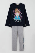 Girls' Sweet Set with Butterfly and Girl Print, Navy Blue (Ages 5-10)