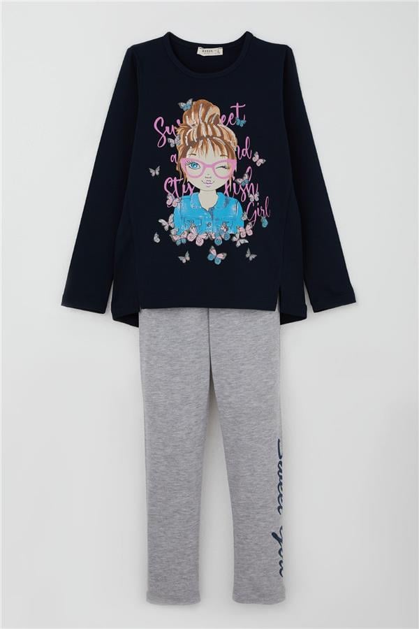 Girls' Sweet Set with Butterfly and Girl Print, Navy Blue (Ages 5-10)
