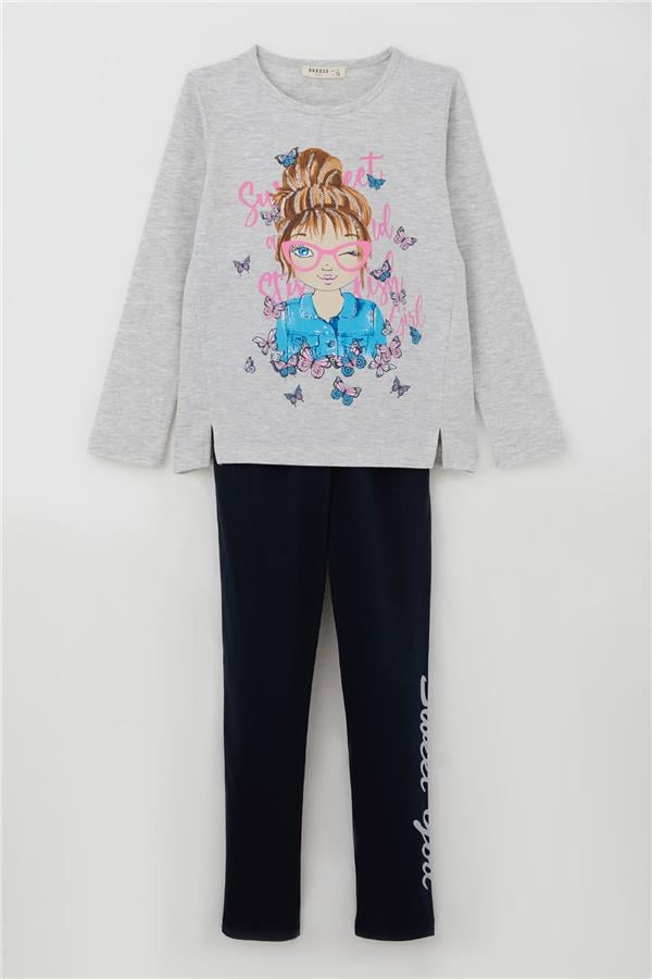 Girls' Sweet Set with Butterfly Print, Light Grey Melange (Ages 5-10)