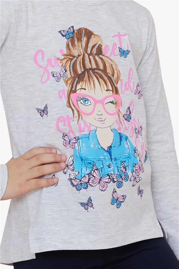 Girls' Sweet Set with Butterfly Print, Light Grey Melange (Ages 5-10)