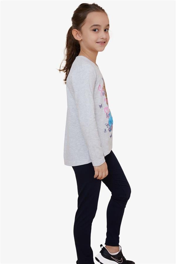 Girls' Sweet Set with Butterfly Print, Light Grey Melange (Ages 5-10)