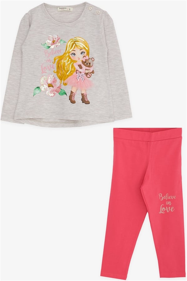 Baby Girl Leggings Set, Printed Sequined, Beige Melange (1.5-2 Years)