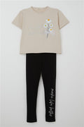 Girls' Leggings Set with Floral & Text Print and Bow, Beige (Ages 5-10)