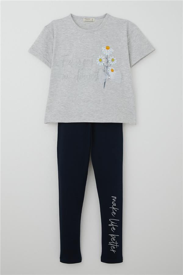 Girls' Leggings Set with Flower & Text Print and Bow, Light Grey Melange (Ages 5-10)
