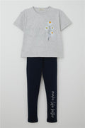 Girls' Leggings Set with Flower & Text Print and Bow, Light Grey Melange (Ages 5-10)