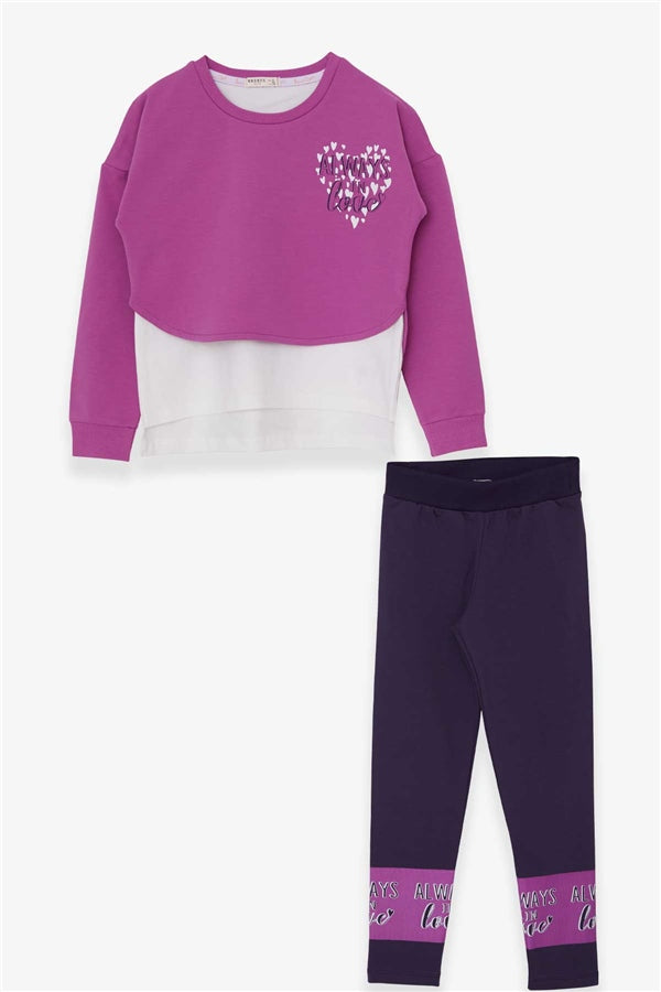 Girls' Leggings Set with Heart Print, Purple (Ages 8-12)