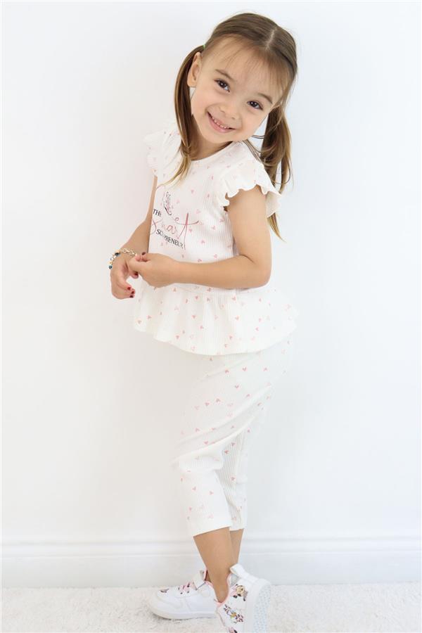 Girls' Leggings Set with Little Hearts Pattern, Printed Text, Ruffles, Ecru (2-6 Years)