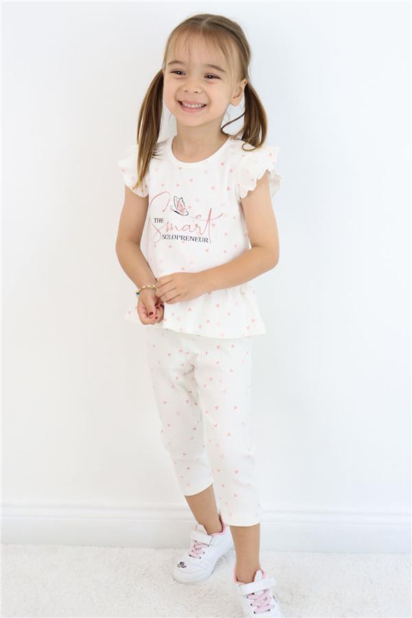 Girls' Leggings Set with Little Hearts Pattern, Printed Text, Ruffles, Ecru (2-6 Years)