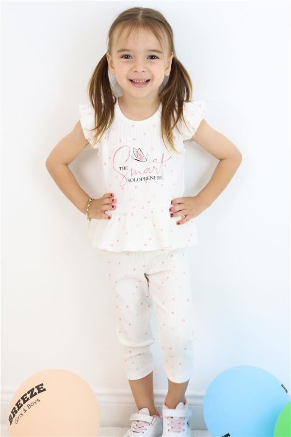 Girls' Leggings Set with Little Hearts Pattern, Printed Text, Ruffles, Ecru (2-6 Years)