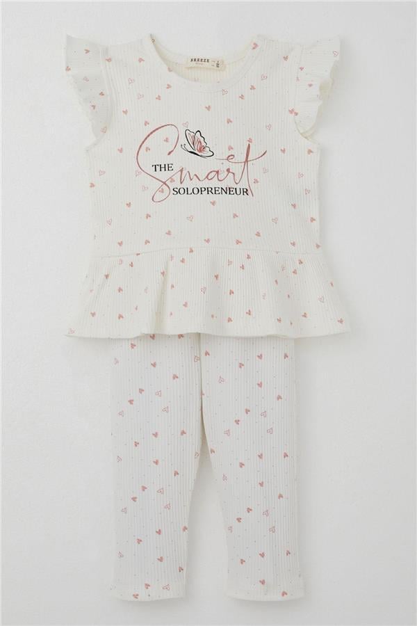 Girls' Leggings Set with Little Hearts Pattern, Printed Text, Ruffles, Ecru (2-6 Years)