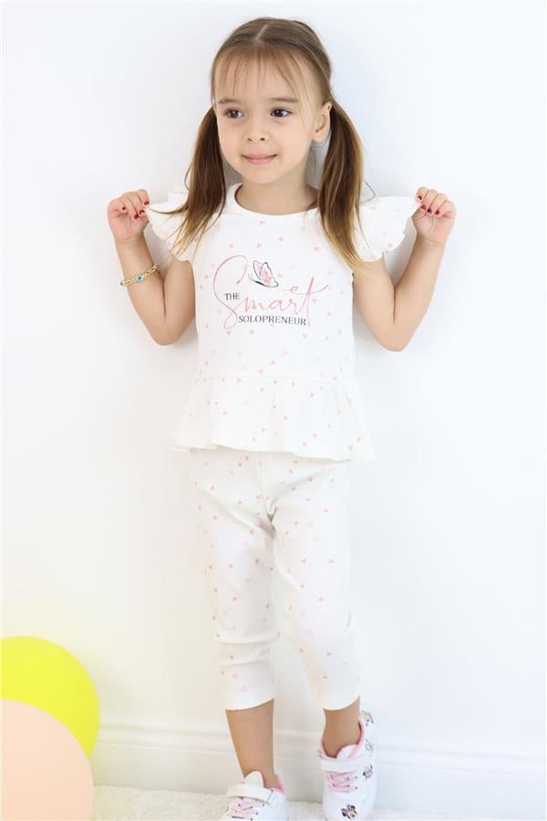 Girls' Leggings Set with Little Hearts Pattern, Printed Text, Ruffles, Ecru (2-6 Years)