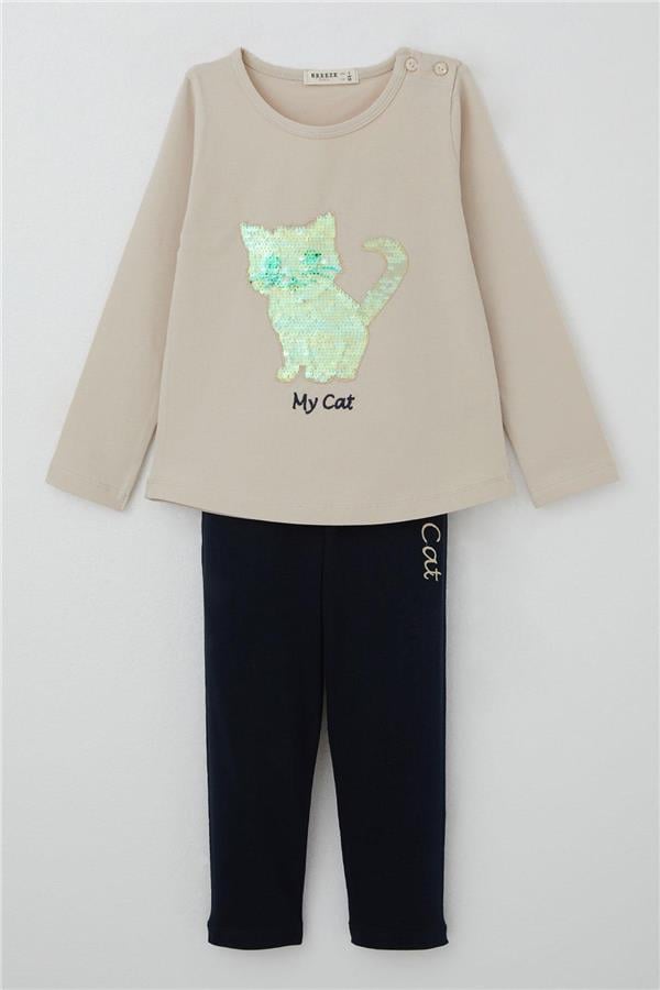Girls' Leggings Set with Sequin Kitten Print and Embroidery, Beige (1.5-5 Years)