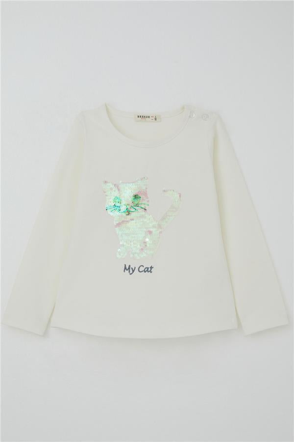Girls' Leggings Set with Sequin Kitten Print and Embroidery, Ecru (1.5-5 Years)