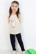 Girls' Leggings Set with Sequin Kitten Print and Embroidery, Beige (1.5-5 Years)