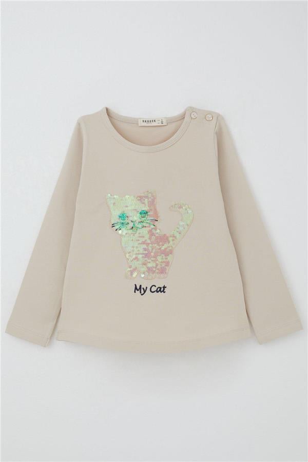Girls' Leggings Set with Sequin Kitten Print and Embroidery, Beige (1.5-5 Years)