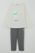 Girls' Leggings Set with Sequin Kitten Print and Embroidery, Ecru (1.5-5 Years)
