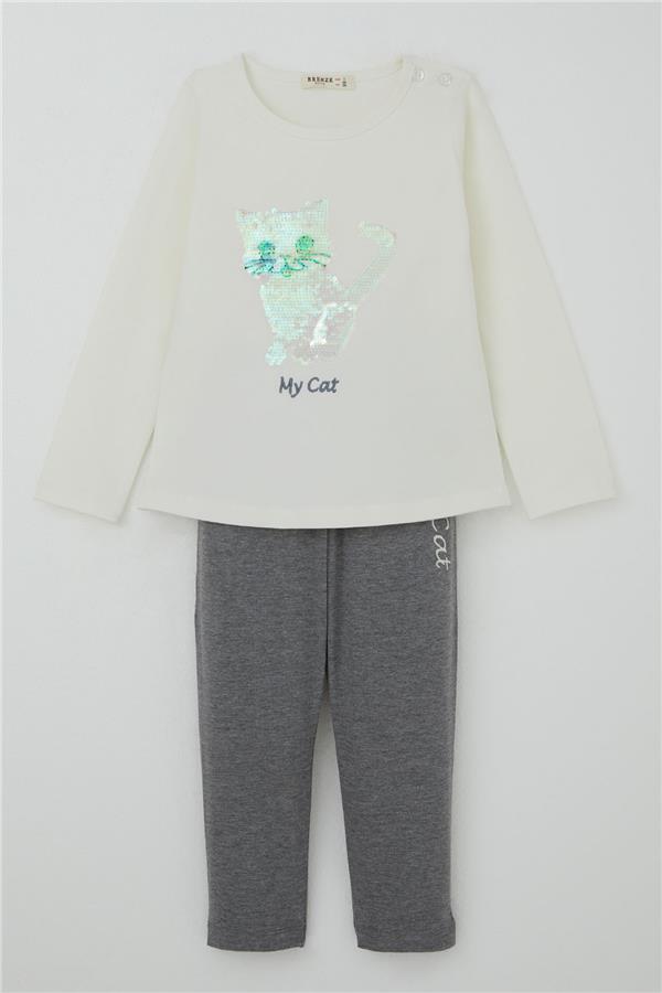 Girls' Leggings Set with Sequin Kitten Print and Embroidery, Ecru (1.5-5 Years)