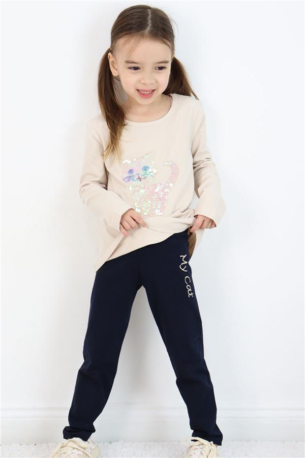 Girls' Leggings Set with Sequin Kitten Print and Embroidery, Beige (1.5-5 Years)