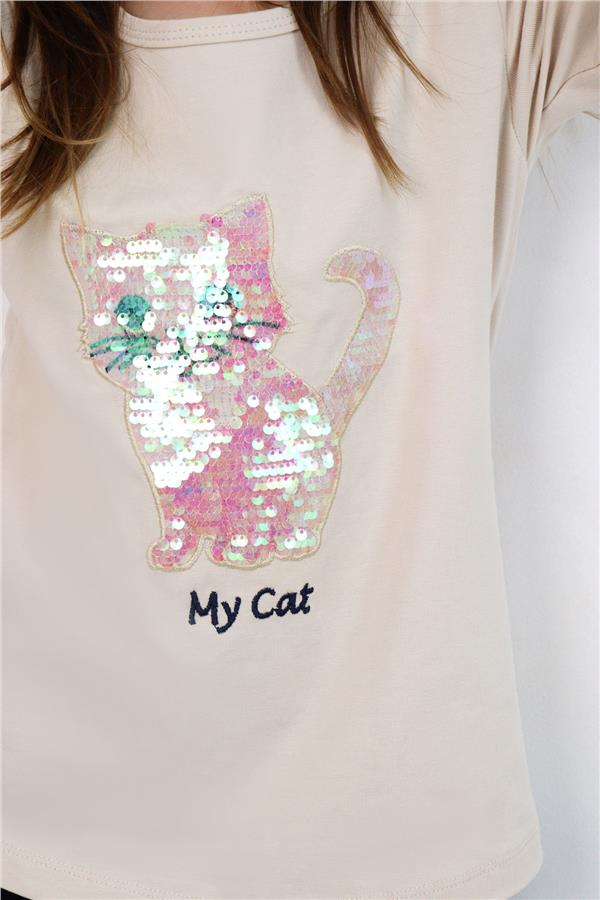 Girls' Leggings Set with Sequin Kitten Print and Embroidery, Beige (1.5-5 Years)