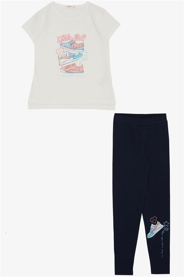 Girls' Leggings Set with Colorful Shoe Print, Ecru (Ages 5-10)