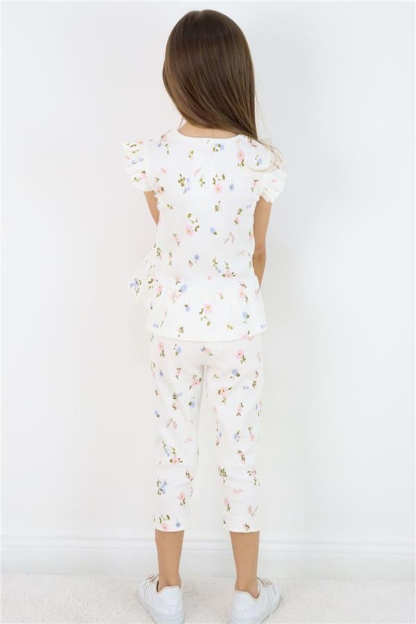 Girls' Leggings Set with Colorful Floral Pattern and Ruffles, Off-White (Ages 2-6)
