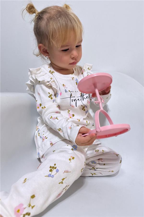 Girls' Leggings Set with Colorful Floral Pattern and Ruffled Shoulders, White (Ages 2-6)