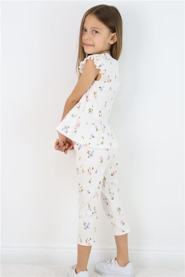 Girls' Leggings Set with Colorful Floral Pattern and Ruffles, Off-White (Ages 2-6)