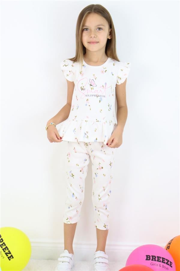 Girls' Leggings Set with Colorful Floral Pattern and Ruffles, Off-White (Ages 2-6)