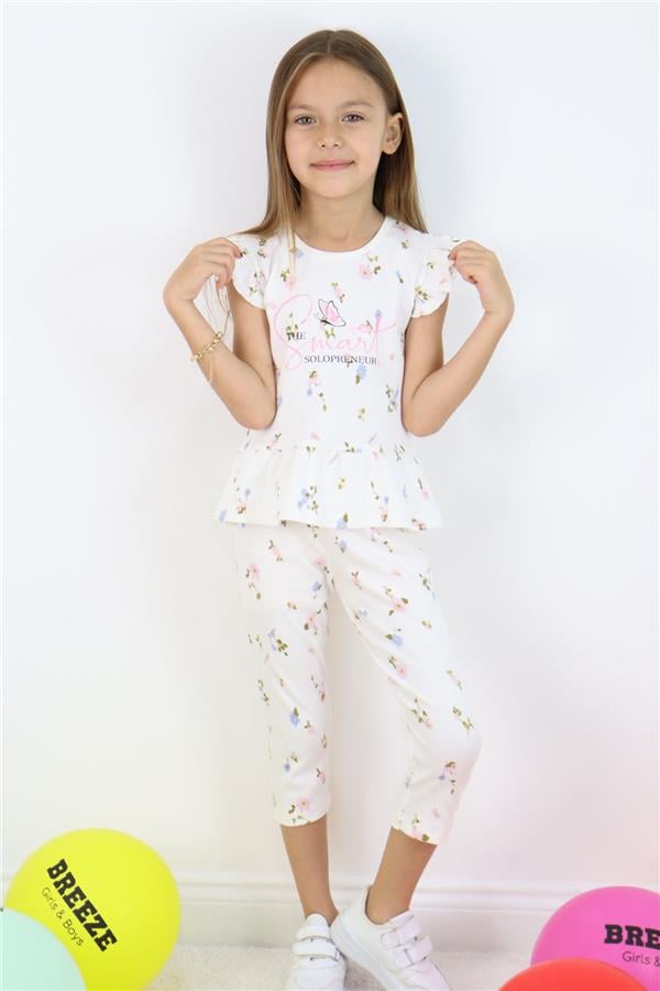 Girls' Leggings Set with Colorful Floral Pattern and Ruffles, Off-White (Ages 2-6)
