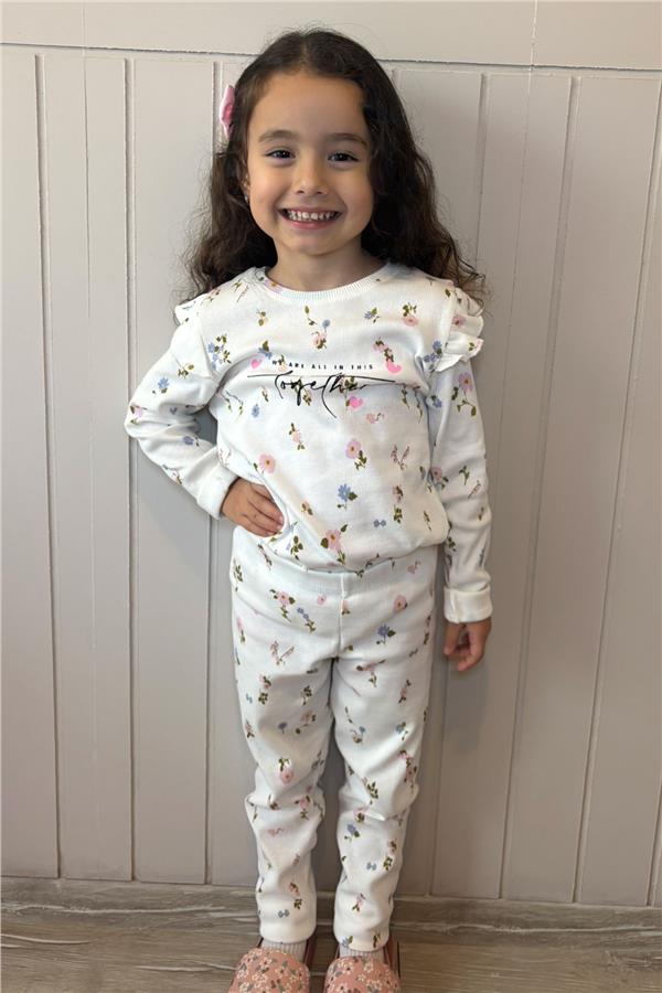 Girls' Leggings Set with Colorful Floral Pattern and Ruffled Shoulders, White (Ages 2-6)