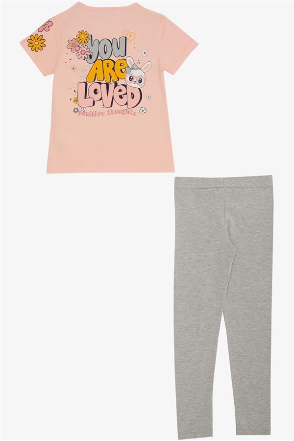 Girls' Leggings Set with Love Theme, Bunny Print, Salmon (Ages 4-8)