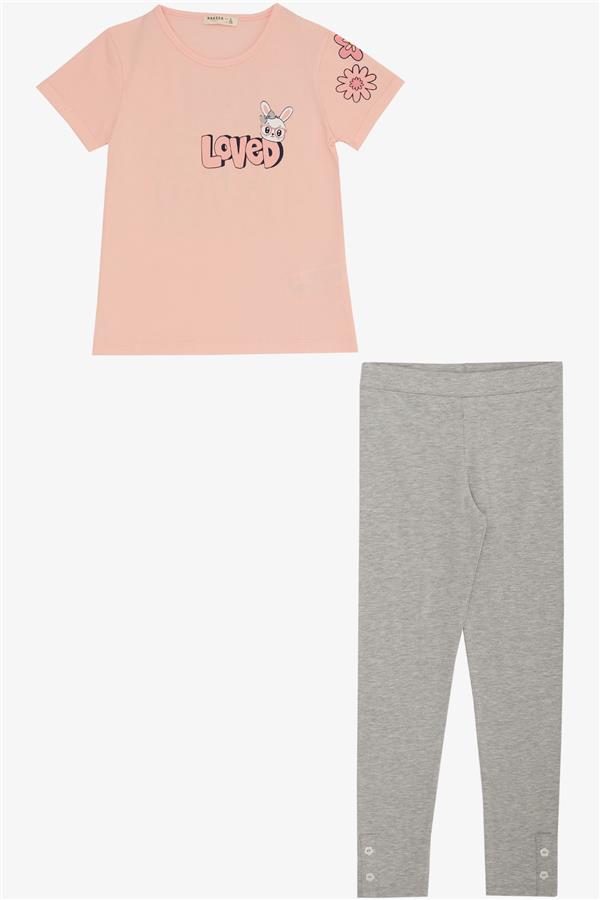 Girls' Leggings Set with Love Theme, Bunny Print, Salmon (Ages 4-8)