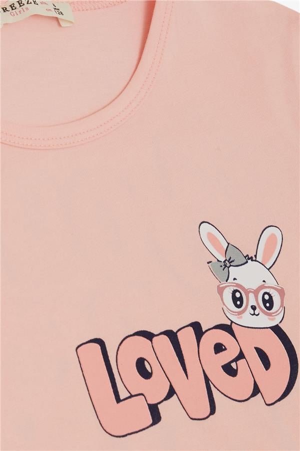 Girls' Leggings Set with Love Theme, Bunny Print, Salmon (Ages 4-8)