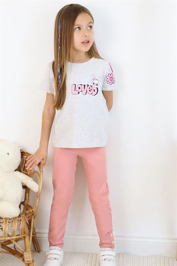Girls' Leggings Set with Love Theme, Bunny Print, Light Grey Melange (4-8 Years)