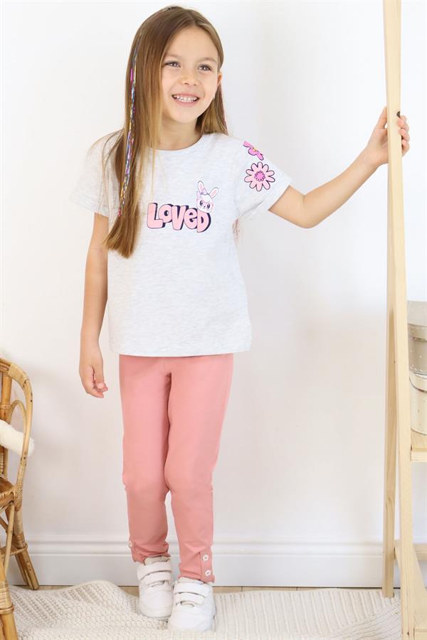 Girls' Leggings Set with Love Theme, Bunny Print, Light Grey Melange (4-8 Years)