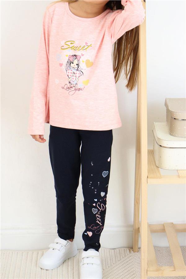 Girls' Leggings Set with Cute Girl Print and Heart Design, Salmon Melange (2-4 Years)