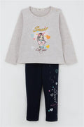 Girls' Leggings Set, Cute Girl Print, Heart Design, Beige Melange (2-5 Years)