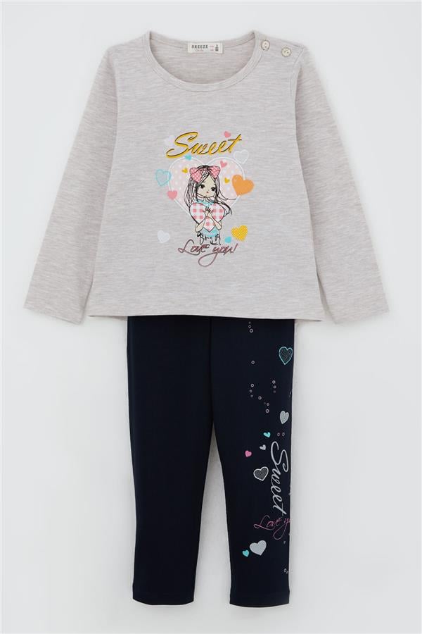 Girls' Leggings Set, Cute Girl Print, Heart Design, Beige Melange (2-5 Years)