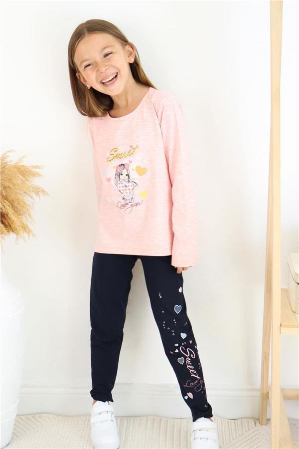 Girls' Leggings Set with Cute Girl Print and Heart Design, Salmon Melange (2-4 Years)