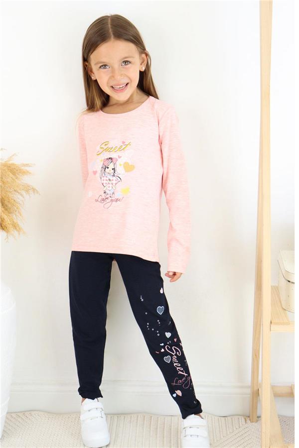 Girls' Leggings Set with Cute Girl Print and Heart Design, Salmon Melange (2-4 Years)