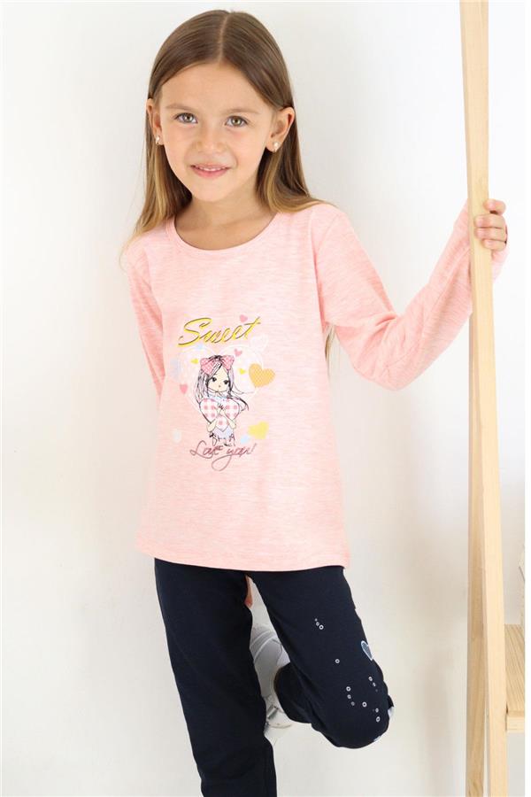Girls' Leggings Set with Cute Girl Print and Heart Design, Salmon Melange (2-4 Years)
